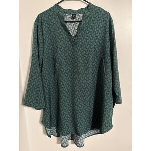 Shein Curve Teal Green Geometric Print Roll Tab Sleeve Blouse Plus Size 2XL
